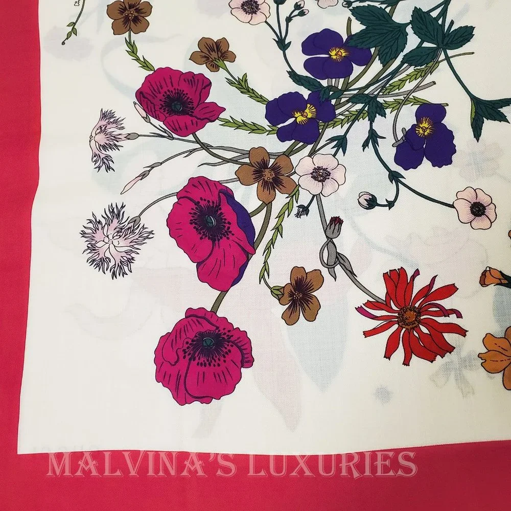 GUCCI SCARF MISS FLORA PRINT SHAWL WOOL SILK PINK BORDER SQUARE sz 55" - Picture 8 of 13